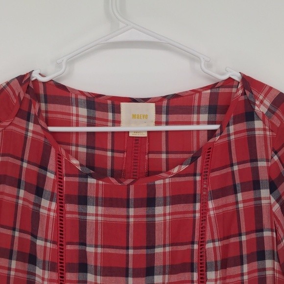 Maeve Red White Black Plaid‎ Short Sleeve Peplum Blouse Size Small - Picture 3 of 12